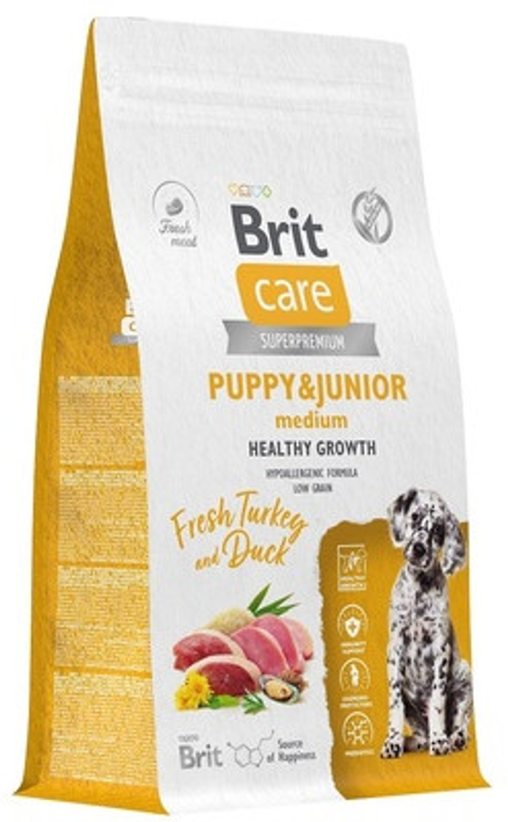 BRIT CARE сух корм с инд и уткой для щен сред пород, 1,5кг