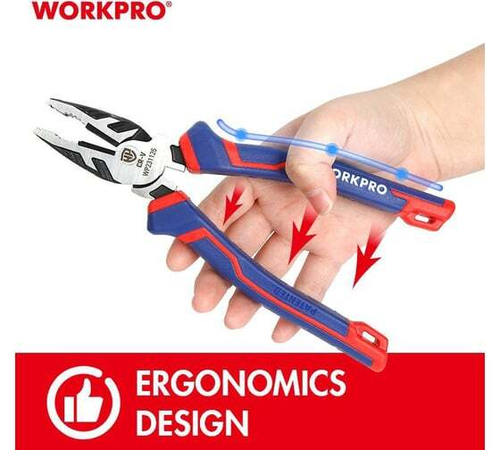 Пассатижи комбинированные WORKPRO 200 мм CR-V с противоскользящим отверстием для винта WP231125