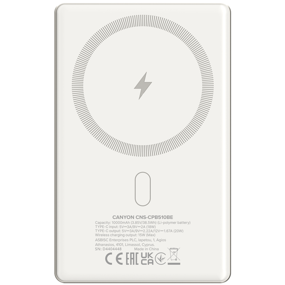 CANYON power bank OnPower 510 slim Magnetic 10000 mAh PD20W Beige