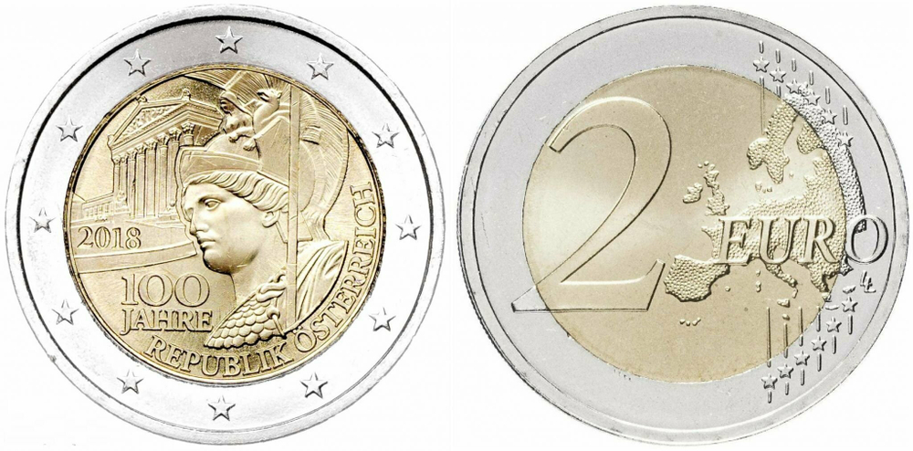 Австрия 2 евро, 2018 100 лет Австрии