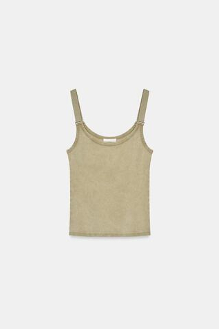 ZARA ТОП В РУБЧИК С ЭФФЕКТОМ ПОТЕРТОСТИ, ЗЕЛЕНОВАТЫЙ