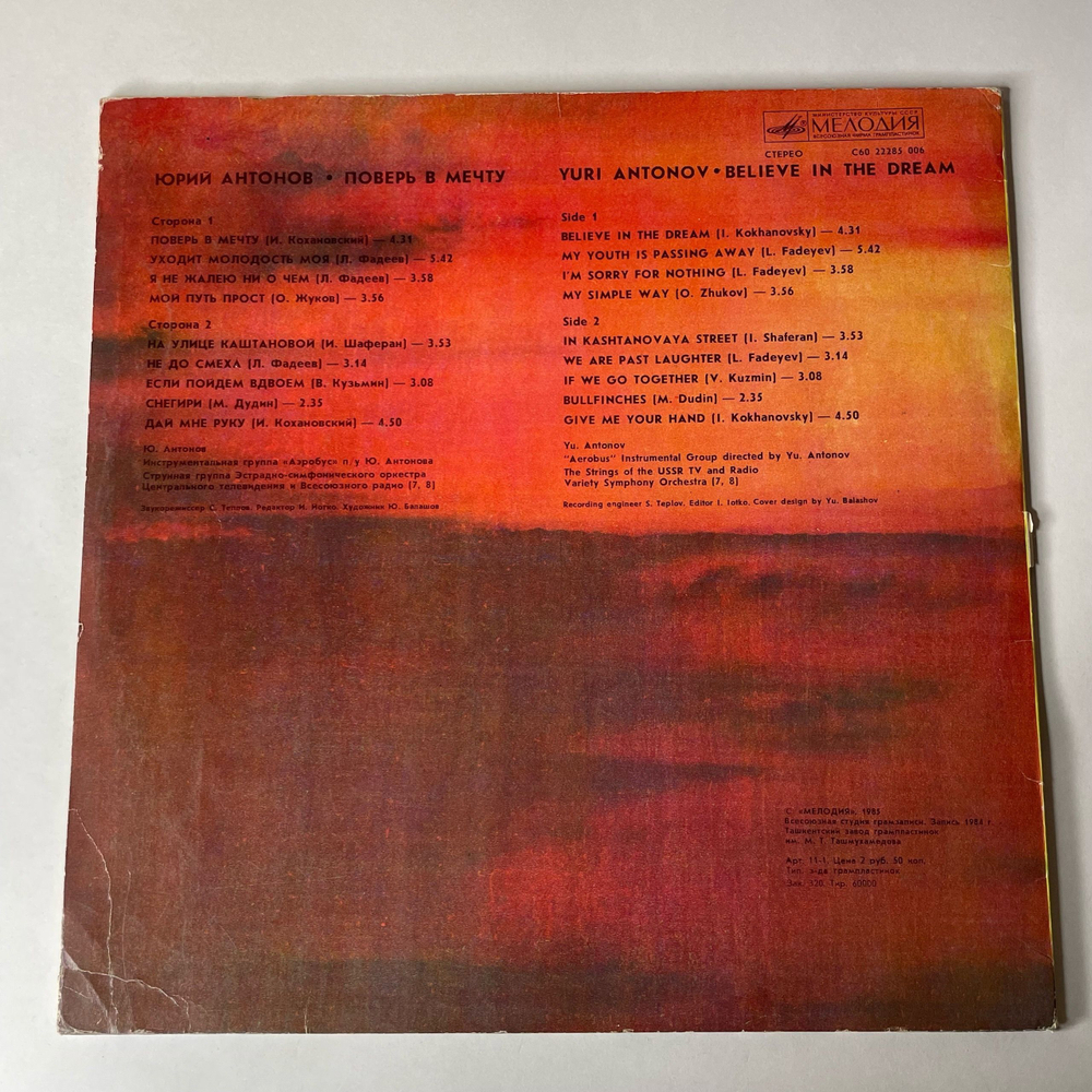 Винтажная виниловая пластинка LP Юрий Антонов Поверь В Мечту (СССР 1985) На Улице Каштановой