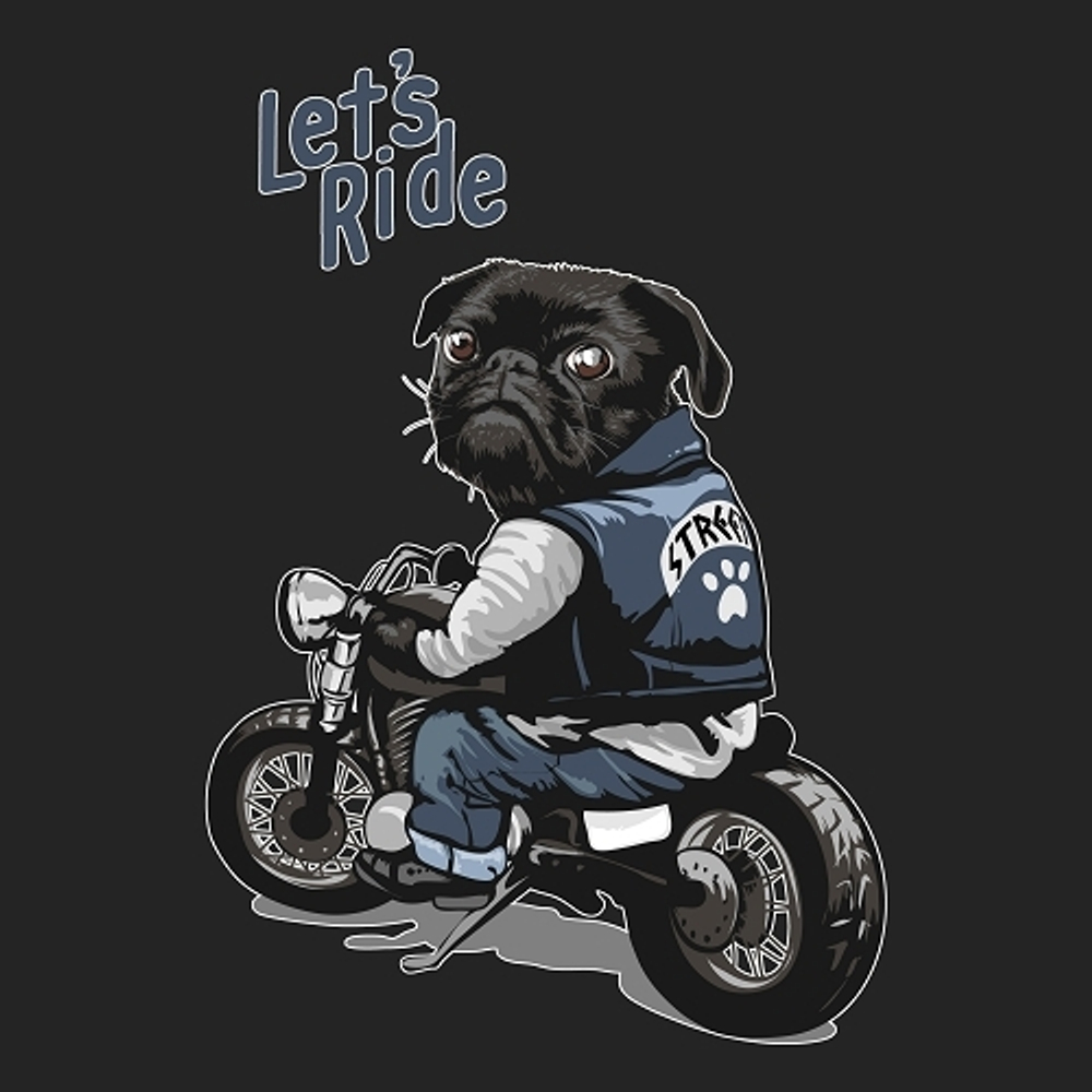 принт с мопсом Lets ride черный