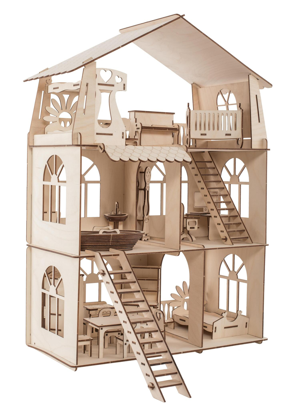 Кукольный домик, конструктор деревянный ХэппиДом "Коттедж с мебелью Premium"