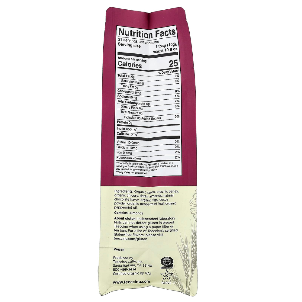 Teeccino, органический травяной кофе из цикория, шоколад и перечная мята, легкая обжарка, без кофеина, 312 г (11 унций)