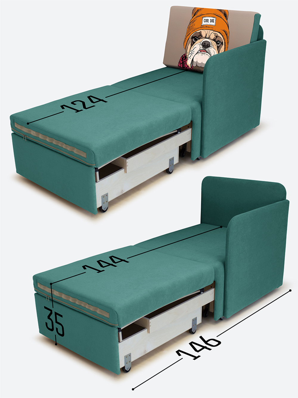 Кресло-кровать "Миник" с левым подлокотником, под правую руку, велюр Dream Mint, бульдог