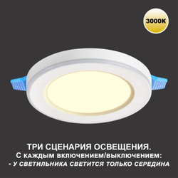 359018 SPOT NT23 499 белый Светильник встраиваемый светодиодный (три сценария работы) IP20 LED 3000К 6W+3W 100-265V 630Лм SPAN