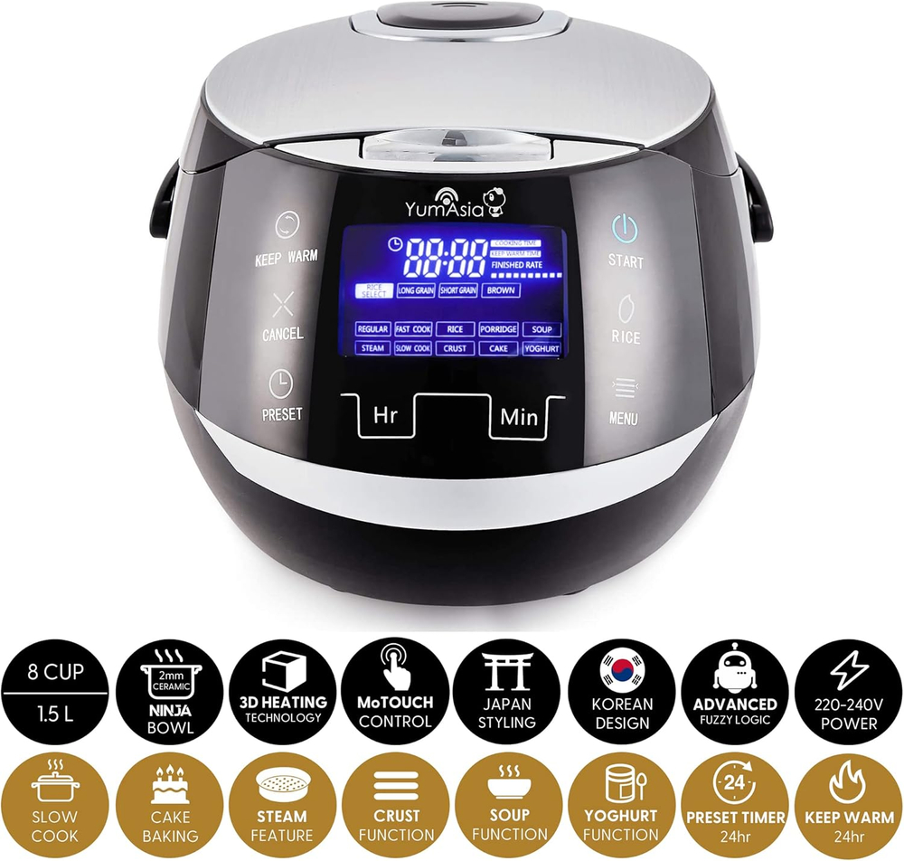 Yum Asia Рисоварка Sakura Rice Cooker, 8 чашек, 1.5 л (Black and Silver)