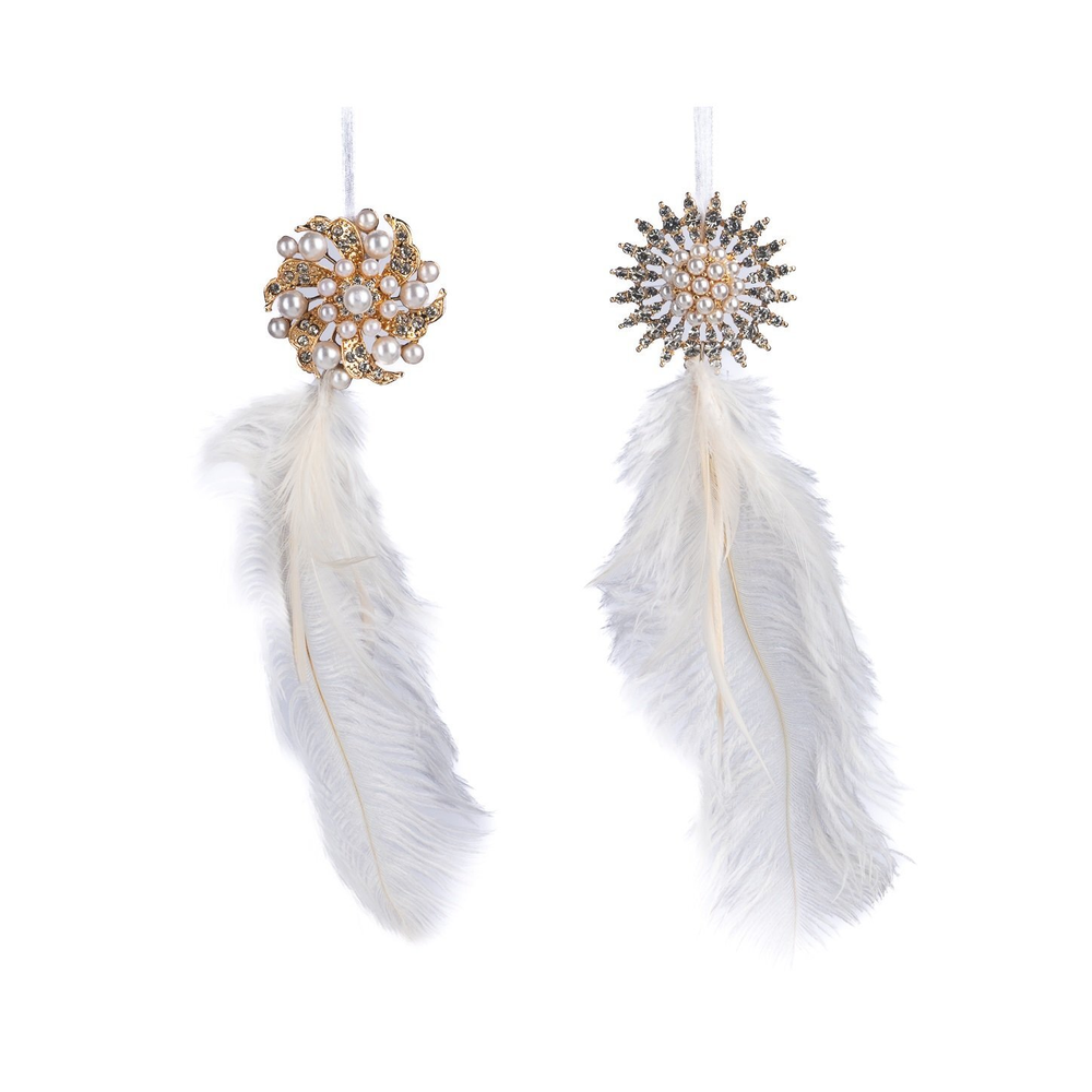 Набор украшений на елку 2шт 22см Goodwill Перышки с жемчужинами кремово-золотые
