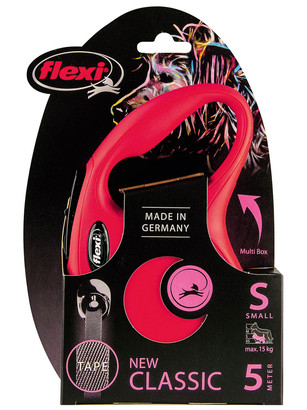 Поводок-рулетка Flexi New Classic S. Лента 5 м. для собак до 15 кг. Красный