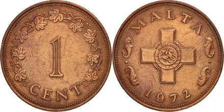 Мальта 1 цент, 1972 - 1982 Мальтийский крест XF