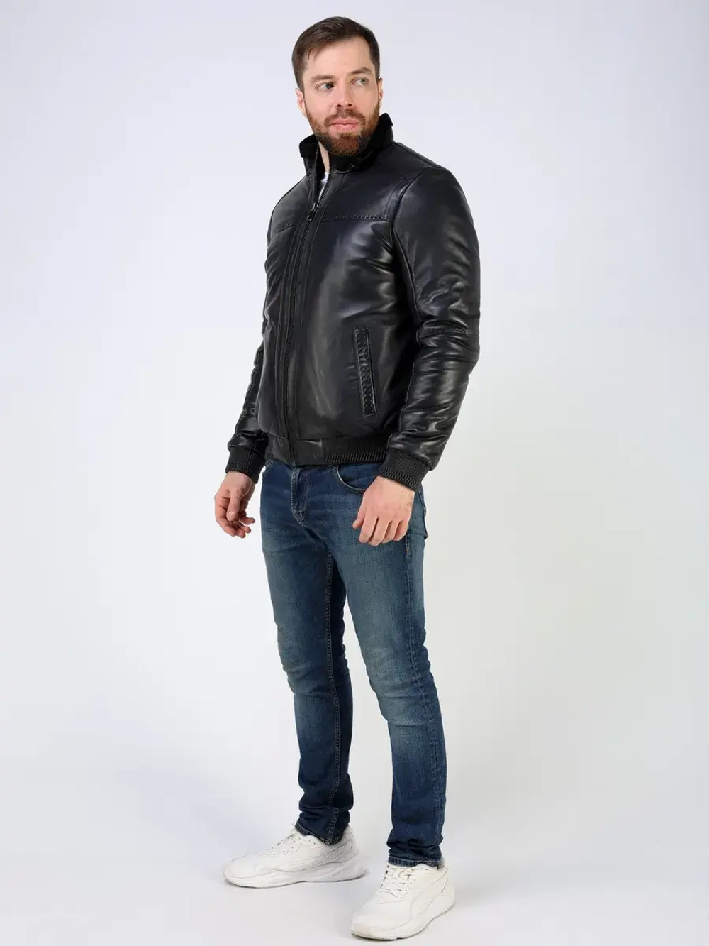 Куртка пуховик из натуральной кожи утепленная короткая