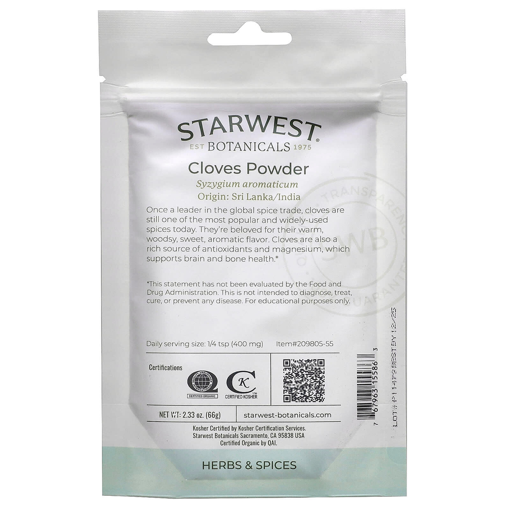 Starwest Botanicals, Органический порошок из гвоздики, 66 г (2,33 унции)