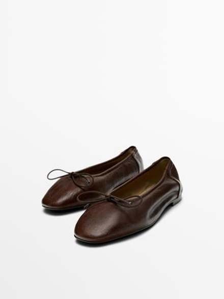 Massimo Dutti Балетки со сборками и бантом, коричневый