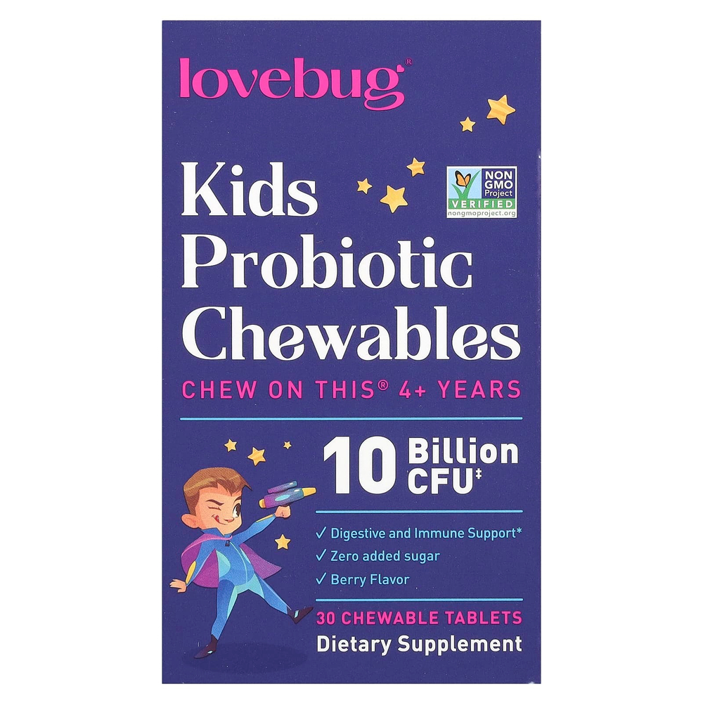 LoveBug Probiotics, пробиотики для детей, от 4 лет, с ягодным вкусом,10 млрд КОЕ, 30 жевательных таблеток