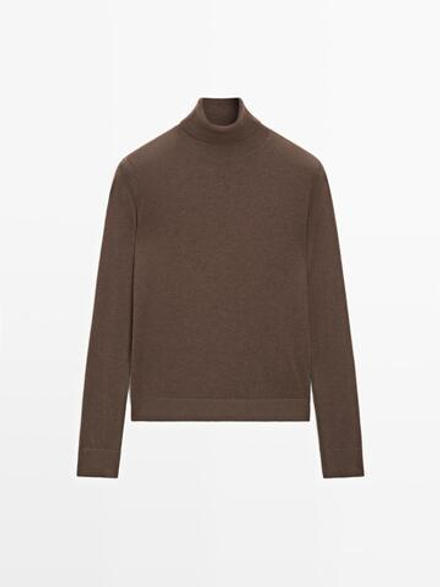 Massimo Dutti Свитер из смесовой шерсти с высоким воротником, коричневый
