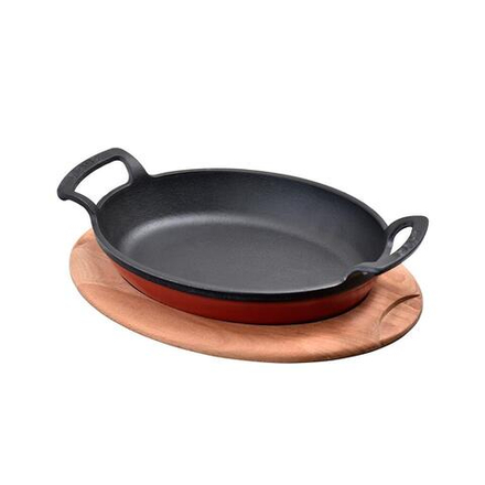 Сковорода для подачи на дерев. подст. 23*17 см овальная красная чугун 2 ручки LAVA