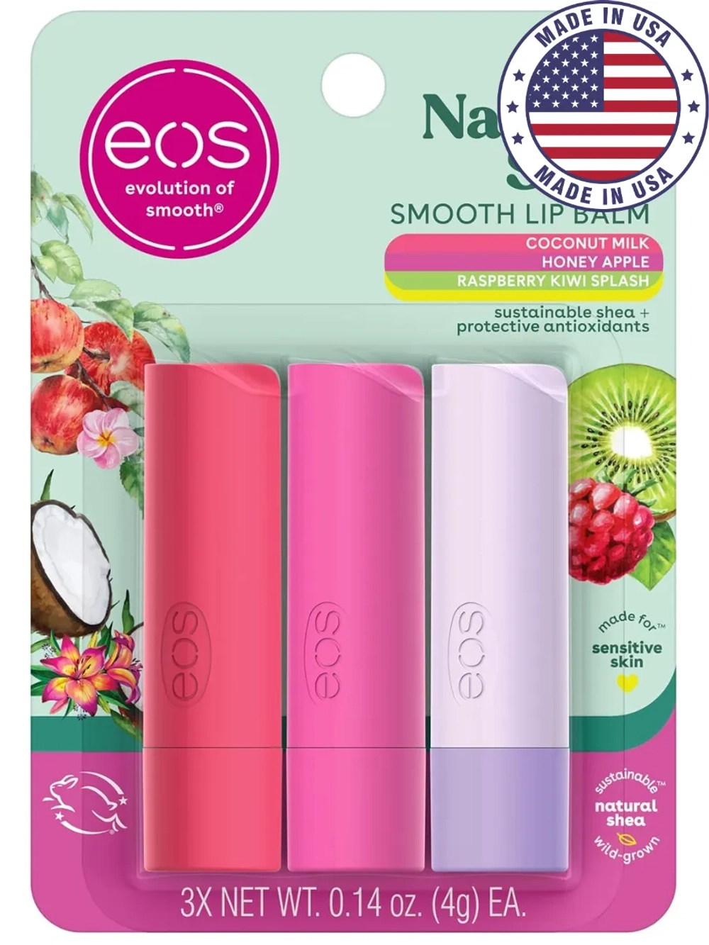 Бальзам для губ мёд яблоко, кокосовое молоко и малина-киви 3 шт