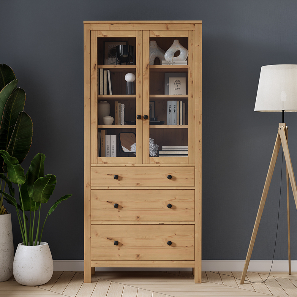 Шкаф-витрина Хемнэс Hemnes/Кымор, 3 ящика, 90х198х37 см, светло-коричневый