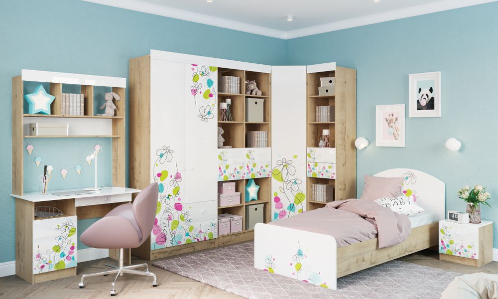 Кровать "Радуга" КРД 900.1 (дуб бунратти/белый глянец/фотопечать)