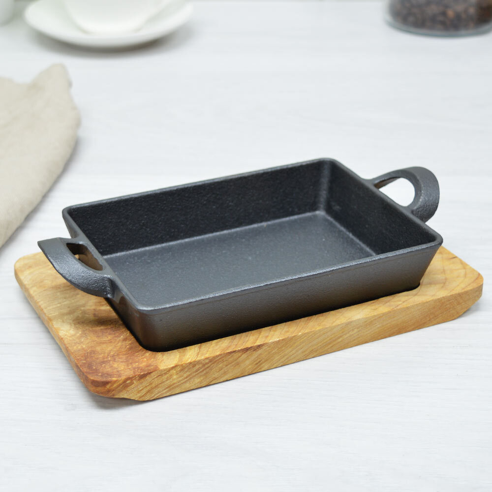 Сковорода 16*11,5см чугунная с деревянной подставкой МВ 26799