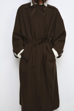 ZARA СВОБОДНЫЙ ТРЕНЧ ИЗ ШЕРСТИ ZW LIMITED EDITION, ОТТЕНКИ КОРИЧНЕВОГО