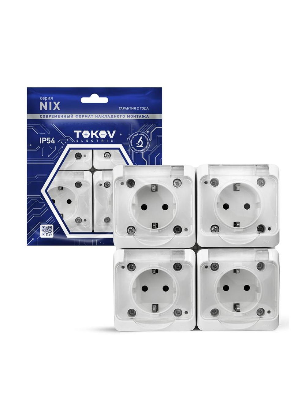 Розетка 4-м ОП Nix 16А IP54 250В с заземл. с прозр. крышкой бел. TOKOV ELECTRIC TKE-NX-R4Z-C01T-IP54