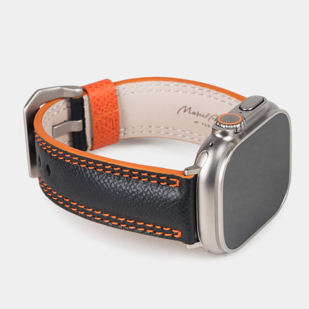 Ремешок кожаный для Apple Watch Ultra 49mm черного цвета Safiano с оранжевой строчкой