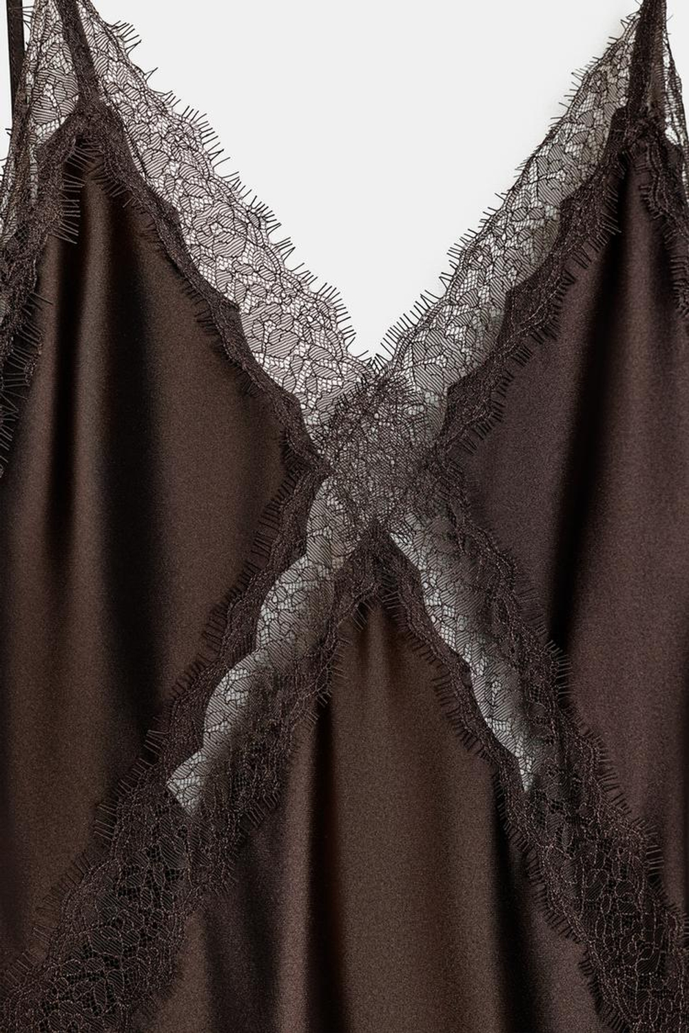 ZARA АТЛАСНОЕ ПЛАТЬЕ МИДИ С КРУЖЕВОМ, КАШТАНОВЫЙ