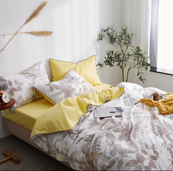 Постельное белье ЕВРО (двуспалка) Египедский Хлопок Листья на желтом