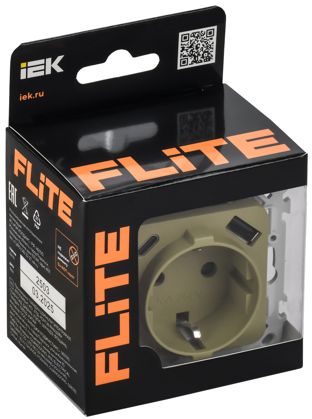 FLITE Розетка 1-местная с заземлением с защитными шторками 16А с USB A+C 20Вт безвинтовое крепление РСЮшс11-1-ФлО оливковый IEK