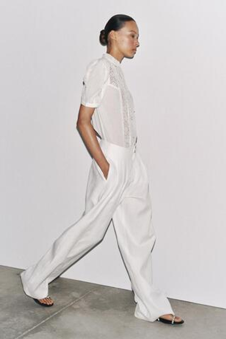 ZARA БЛУЗА С КРУЖЕВОМ, БЕЛЫЙ