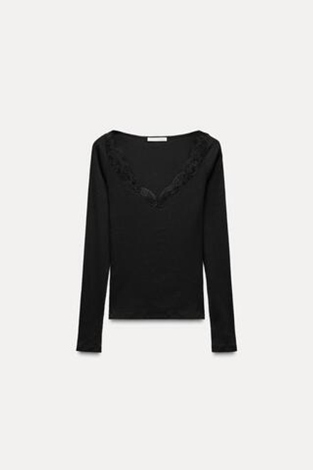 ZARA ТОП В РУБЧИК С КРУЖЕВНОЙ ОТДЕЛКОЙ, ЧЕРНЫЙ
