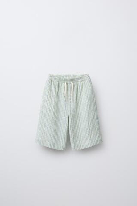 ZARA ШОРТЫ ИЗ РЕЛЬЕФНОЙ ТКАНИ В КЛЕТКУ, ЗЕЛЕНЫЙ