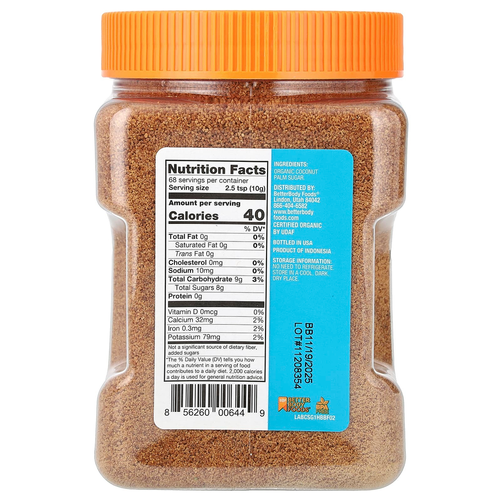BetterBody Foods, органический кокосовый сахар, 680 г (24 унции)