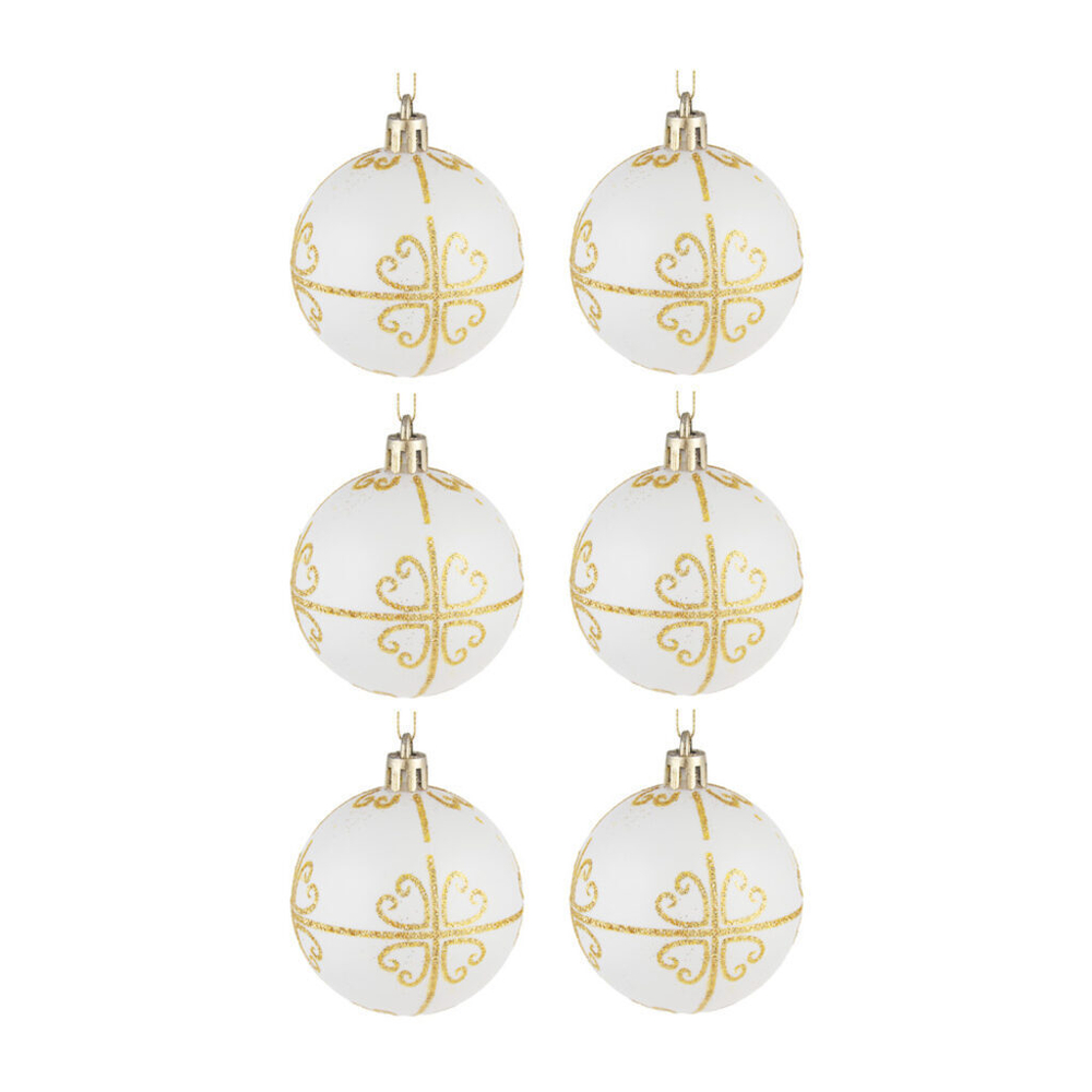 Набор елочных шаров 6 см, 6 шт., белый с золотом, пластик