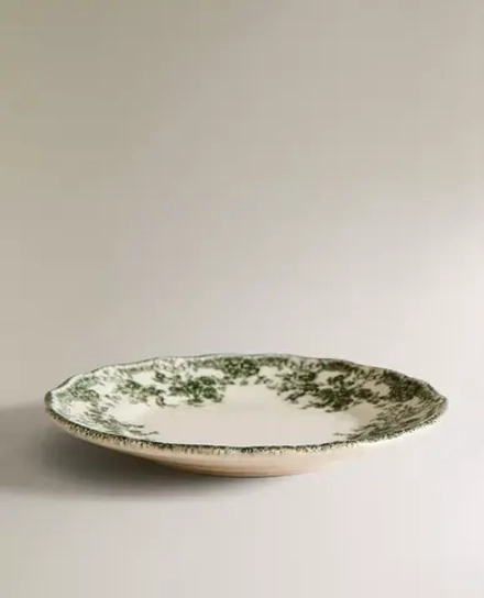 ZARA HOME ФАЯНСОВАЯ ТАРЕЛКА ДЛЯ ХЛЕБА С ЦВЕТОЧНЫМ УЗОРОМ, ОЛИВКОВЫЙ