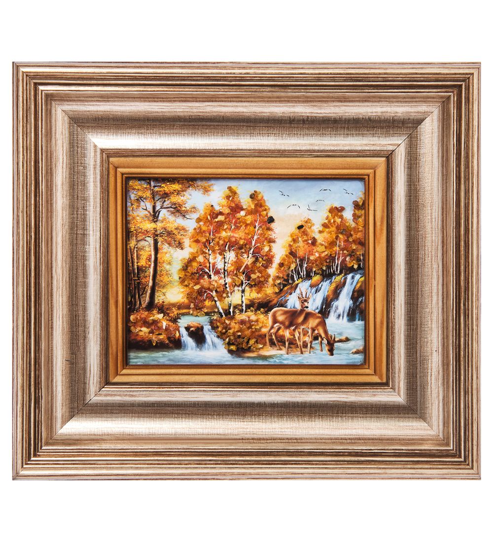 AMB-04/22 Икона «Олени на водопое» (с янтарной крошкой) L-18см