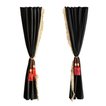 Шторы спального места с прихватами "Кисти" красные в кабину Volvo, Scania, MAN, DAF, Merc, Камаз, Sitrak, Shacman, Foton, FAW. Высота 1,5м, ширина одной стороны - 1,15м. Блэкаут, велюр. Черный цвет с бежевой бахромой и красными кистями