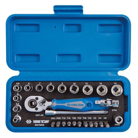Цена на KING TONY (2027MRE) Набор торцевых головок с принадлежностями 1/4", 12-гранные, 4-14 мм, 27 предметов
