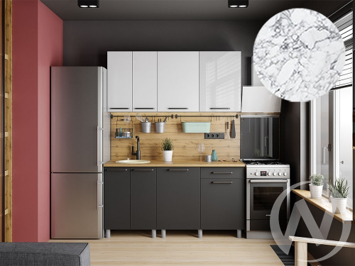 Кухня Ребекка 1.6м (корпус белый/белый; графит) 26мм мрамор итальянский