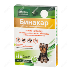 Бинакар  препарат для защиты и борьбы с двукрылыми насекомыми, иксодовыми, саркоптоидными клещами и блохами 4 пипетки