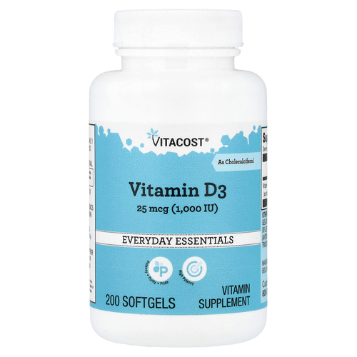 Vitacost, Витамин D3, 25 мкг (1000 МЕ), 200 мягких таблеток