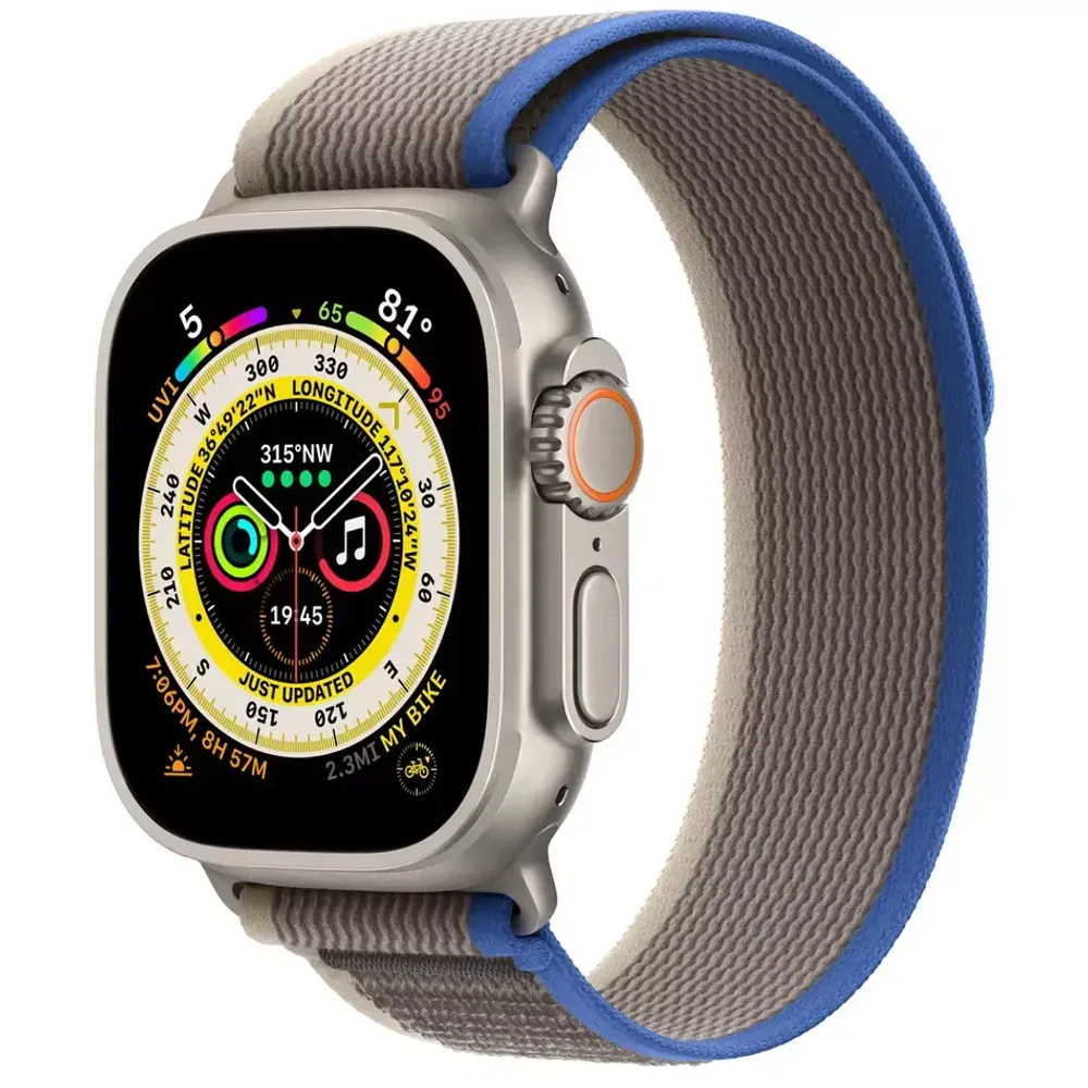 Apple Watch Ultra GPS + LTE 49mm Titanium Case with Blue/Gray Trail Loop M/L (MQFV3)
