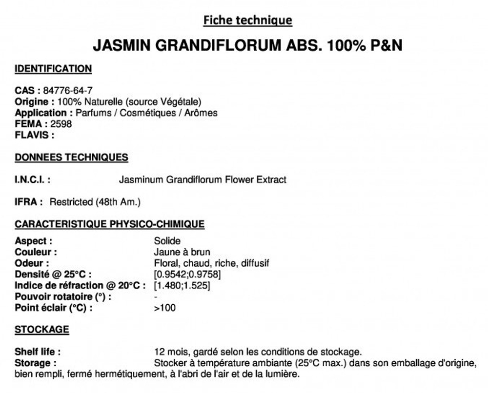 JASMINE GRANDIFLORUM ABS 100% P&N (Egupt)/ ЖАСМИН ГРАНДИФЛОРУМ АБС 100% P&N CAS 84776-64-7