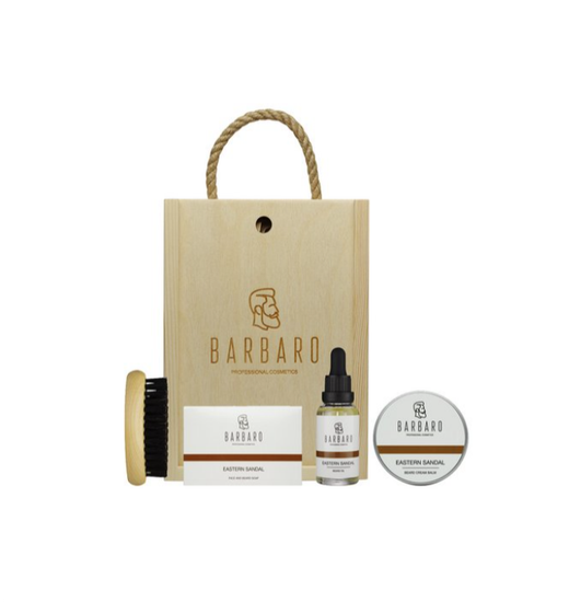 Набор для ухода за бородой Barbaro в деревянном боксе (Брендированный деревянный бокс BARBARO, Щетка для бороды BARBARO, Крем-бальзам для бороды и кожи лица BARBARO , Мыло для лица и бороды Barbaro "Eastern sandal" , Масло для ухода за бородой "Eastern sandal".