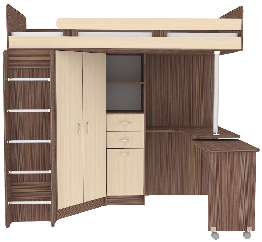 Кровать-чердак КарИВи Юниор 3 с металлической лестницей Бодего Темный  Дуб Молочный