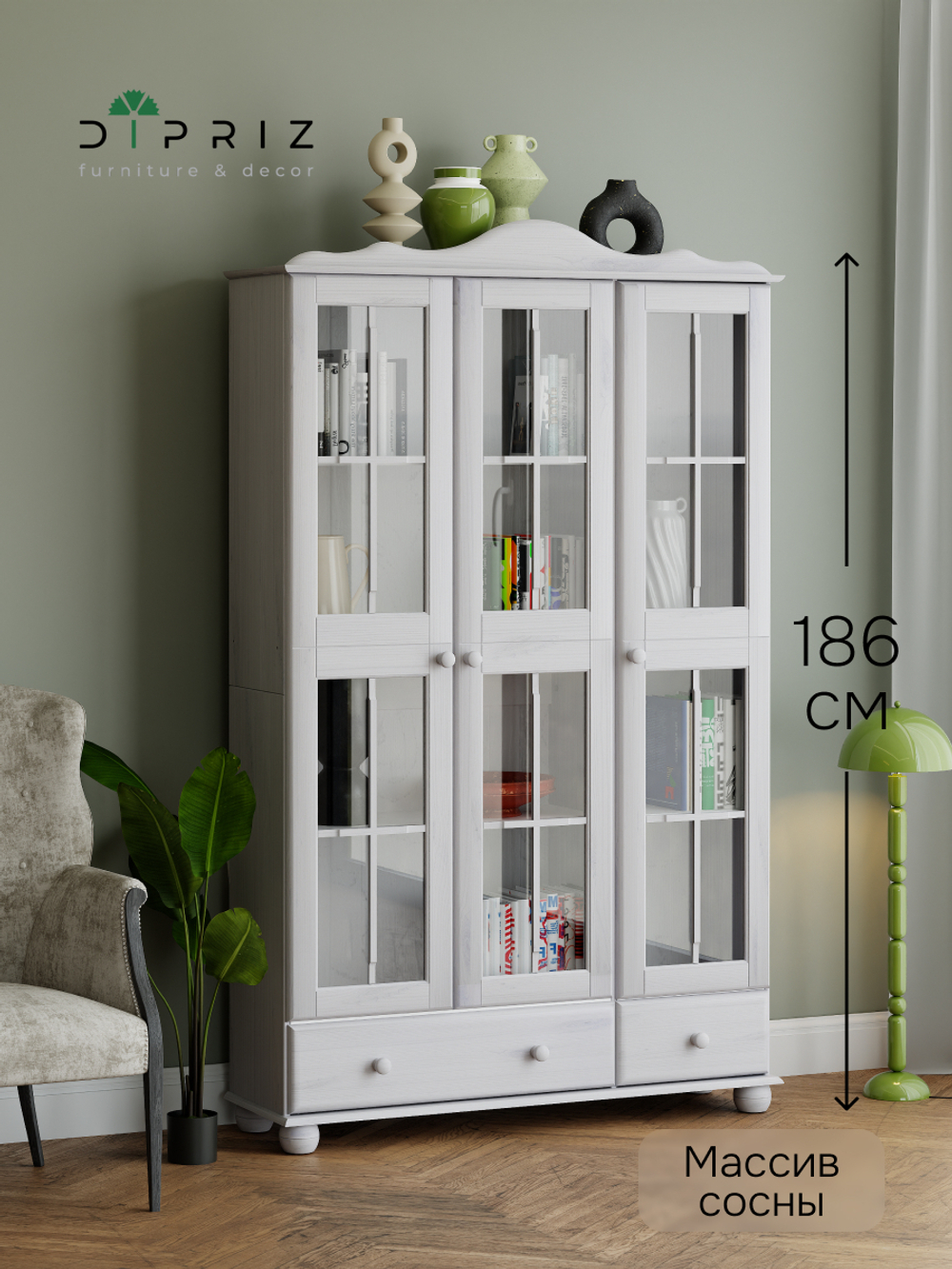 Шкаф витрина 3 двери 2 ящика Бритта из массива сосны, белый