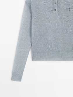 Massimo Dutti Тонкий свитер изо льна с воротником поло, выцветший синий