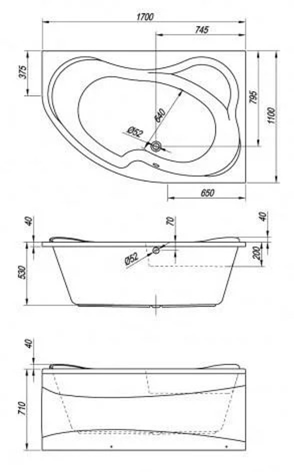 Ванна акриловая ассим. левая Kolpa San LULU 170x110-L в комплекте с каркасом (без сифона)
